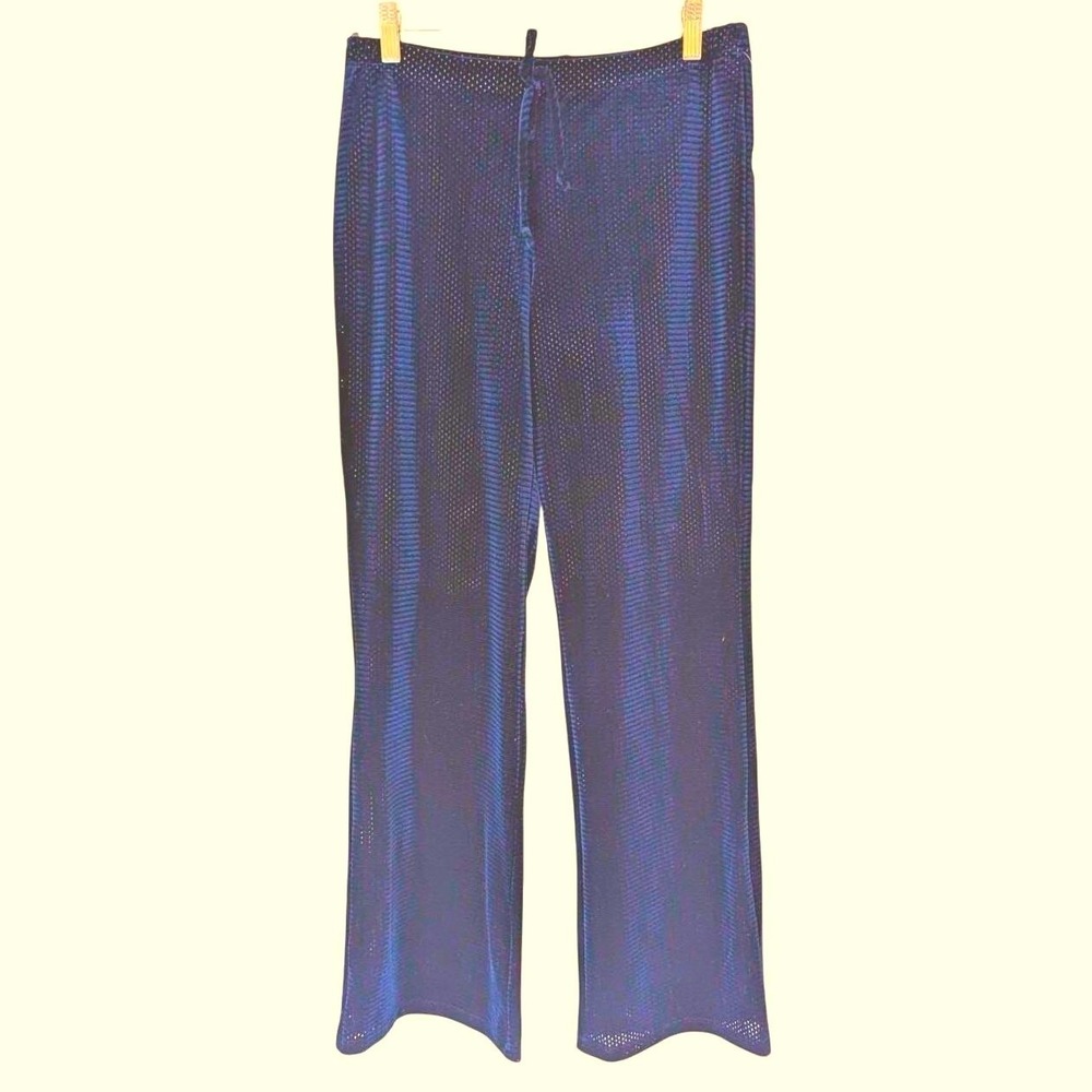 Mandee‎ Velvet Mesh Wide Leg Pants M Navy Blue Perforated Y2K Rave Festival Y2K